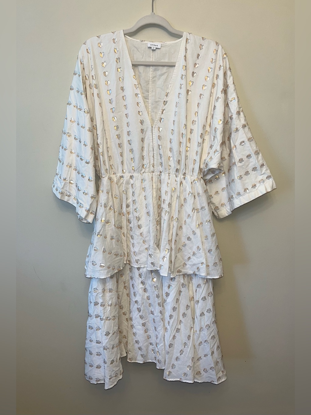Rhode Bella Heart V-Neck 3/4 Sleeve Tiered Cotton Dress Medium Metallic Hearts